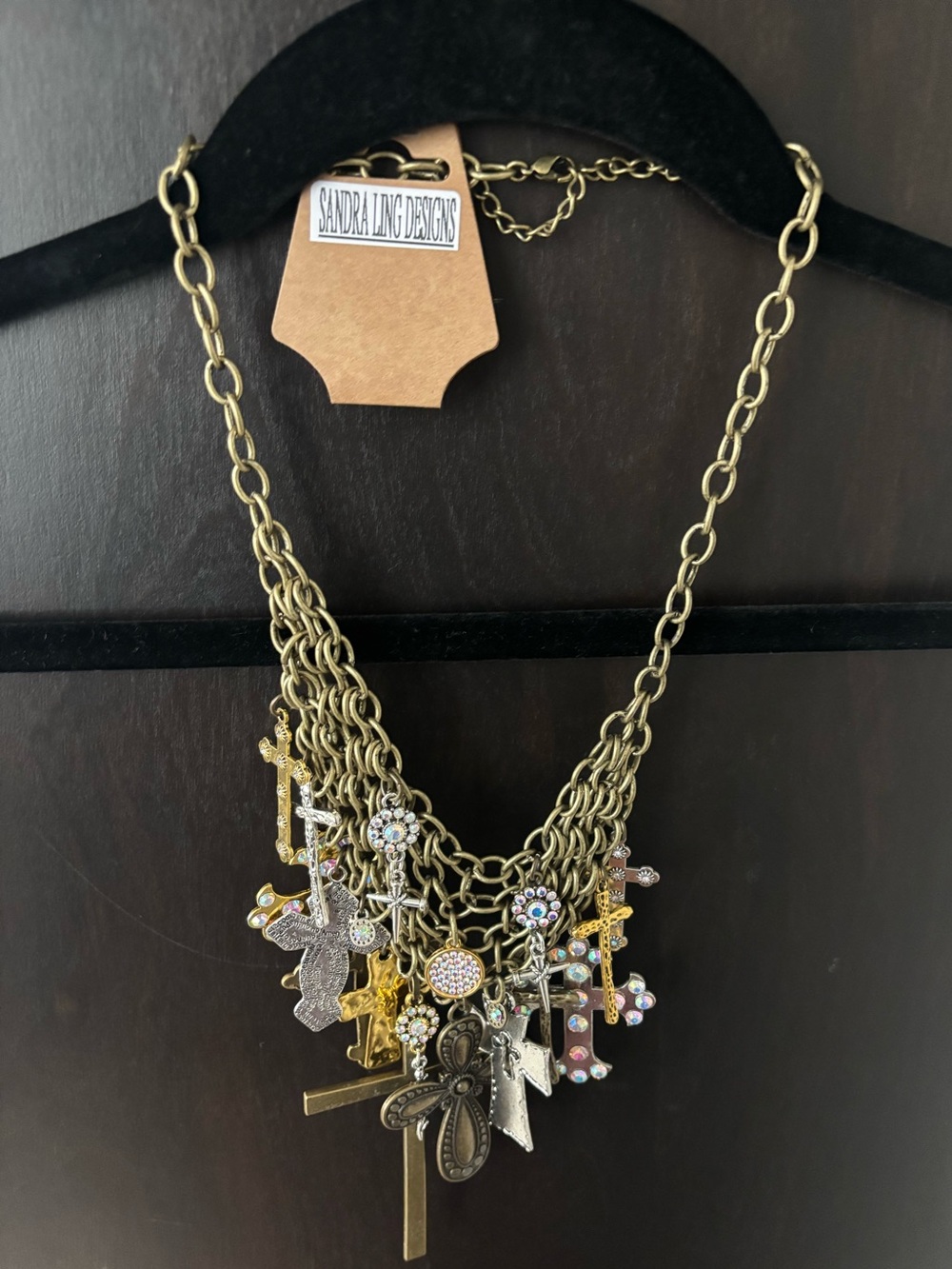 Sandra Ling Designs Blessings Bibb Necklace with Mixed Metals Crosses & Crystals